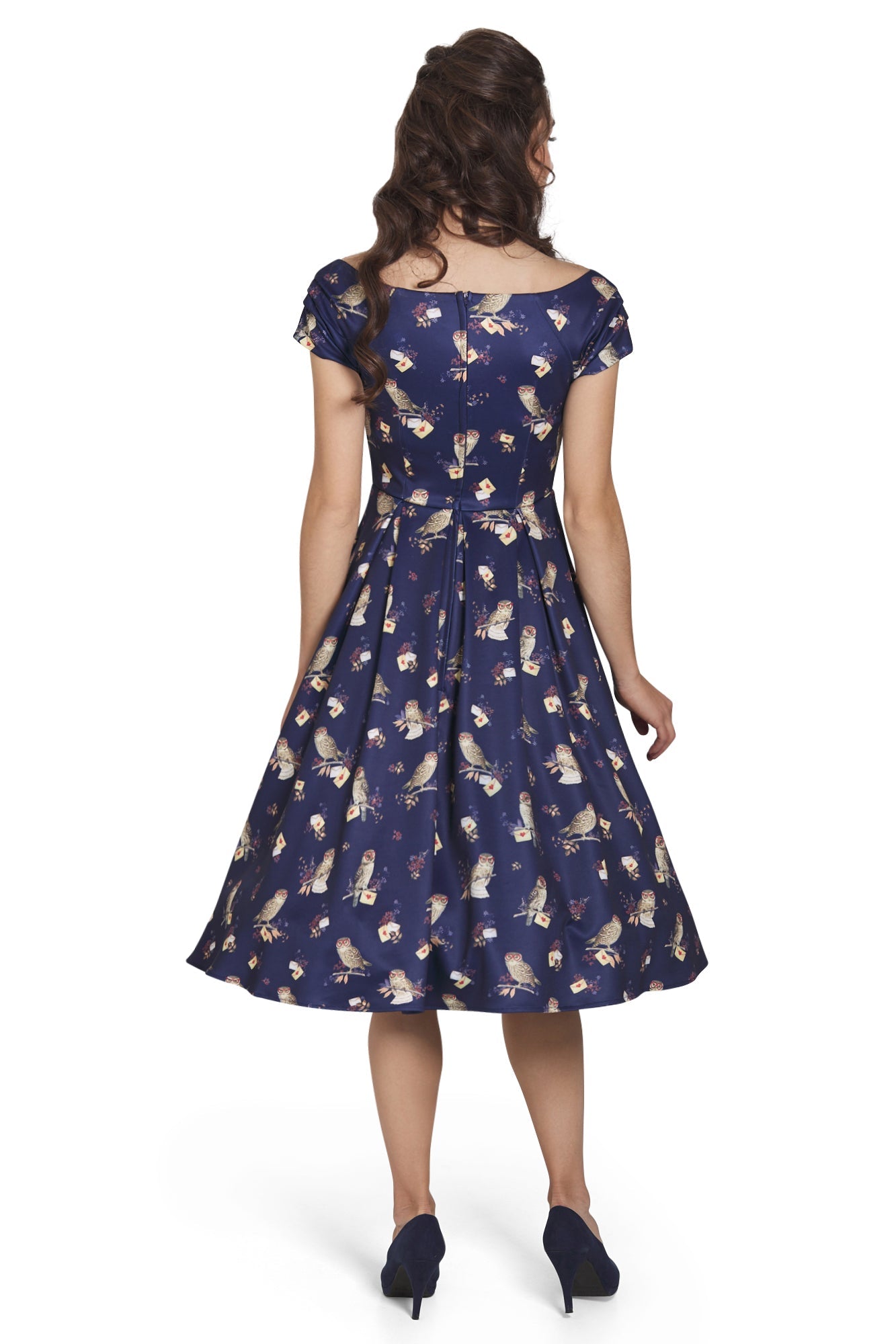 Lily Off Shoulder Navy Owl Swing Dress