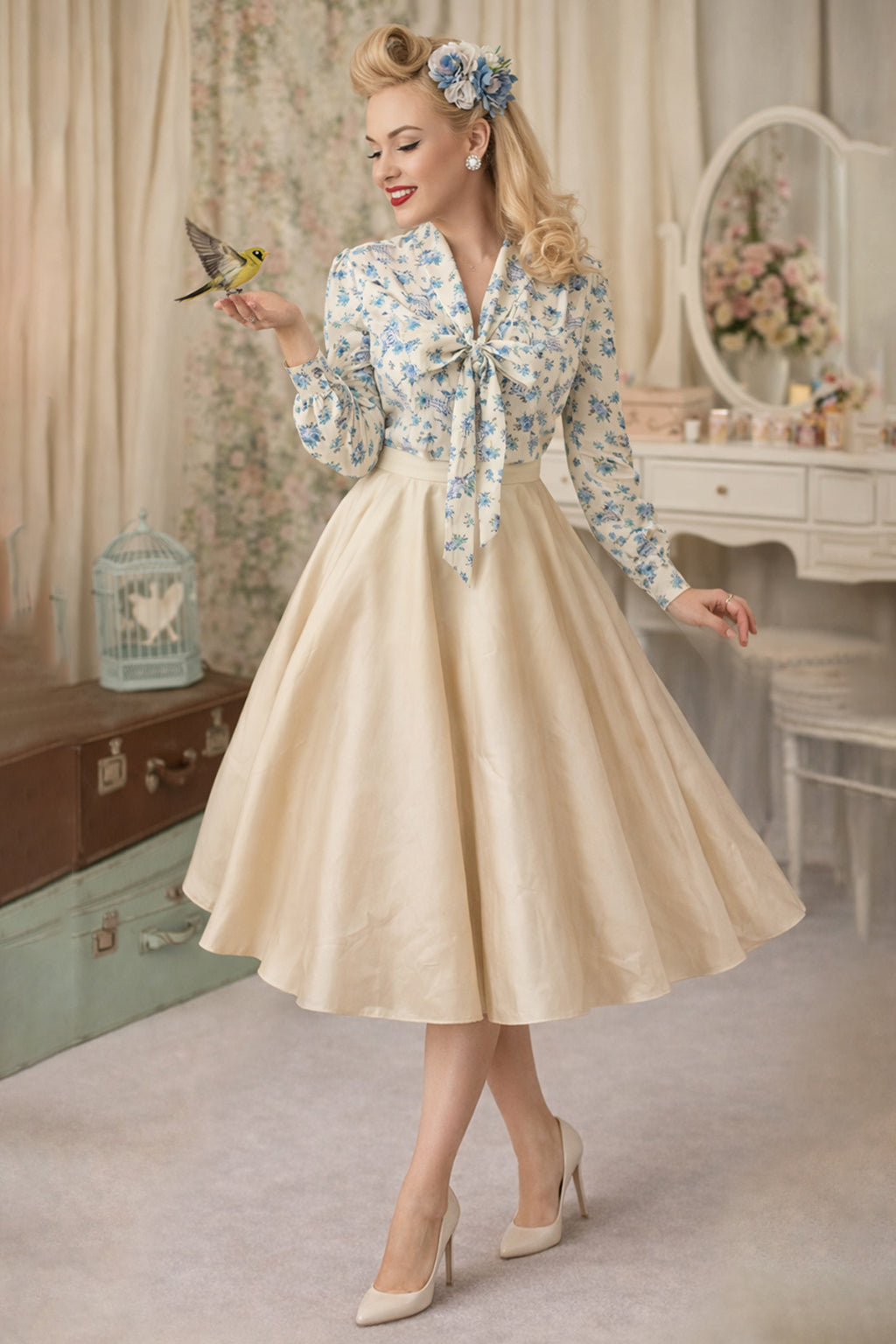 Margaret Vintage Bird Cage Blouse In Cream