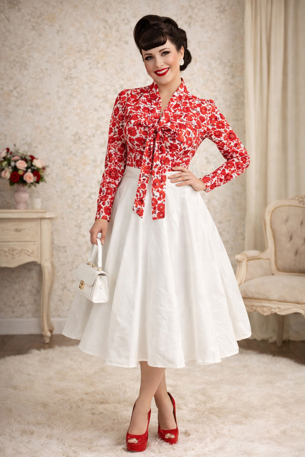 Margaret Red Rose Blouse In White