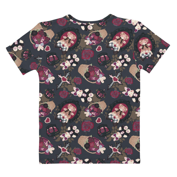 Gothic Teddy tee in mauve and charcoal with dark roses and ornate crosses, goth activewear