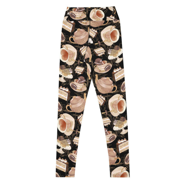 Black kawaii High-waisted Café leggings with heart-shaped teacups and chocolate macarons