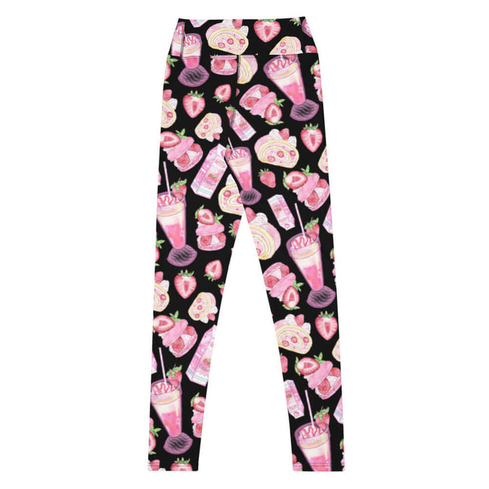 Pink kawaii High-waisted Strawberry leggings with whole strawberries and macarons