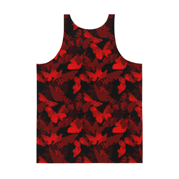 Butterfly kawaii men's tank top in crimson with scarlet butterflies and white-flecked wings