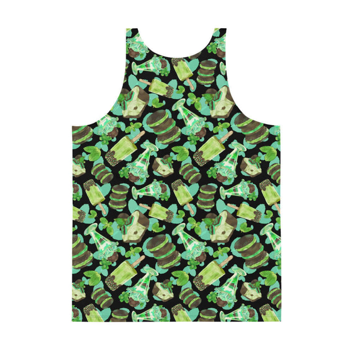 Choco Mint kawaii men's tank top in mint with mint-cream sandwich cookies and mint parfaits