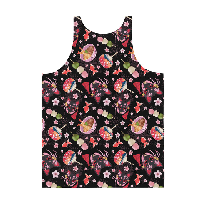 Men's Matsuri kawaii tank top with paper fans and hanami dango