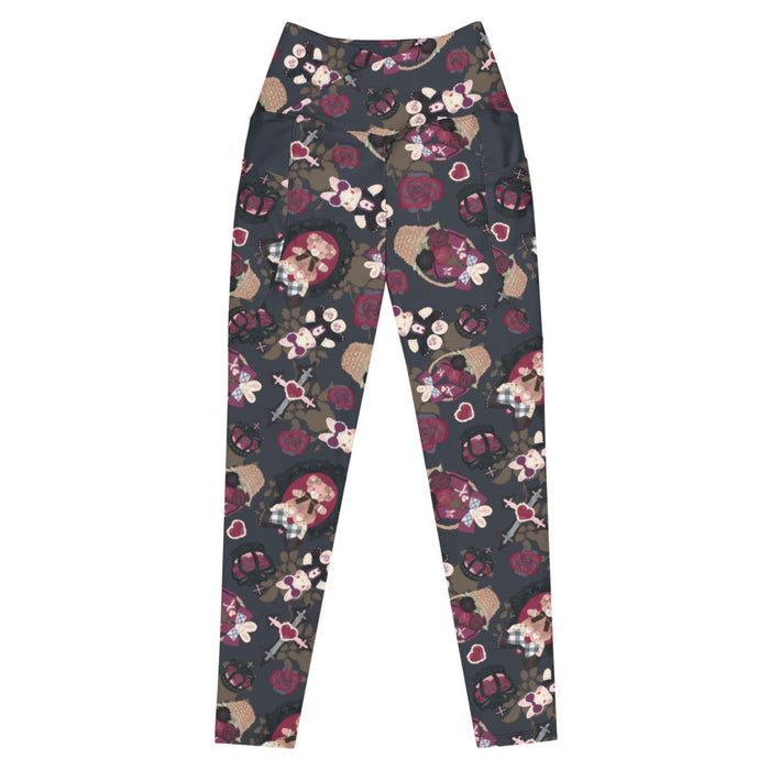 Gothic Teddy premium leggings in mauve and charcoal with ornate crosses and grey-blue roses, alternative style