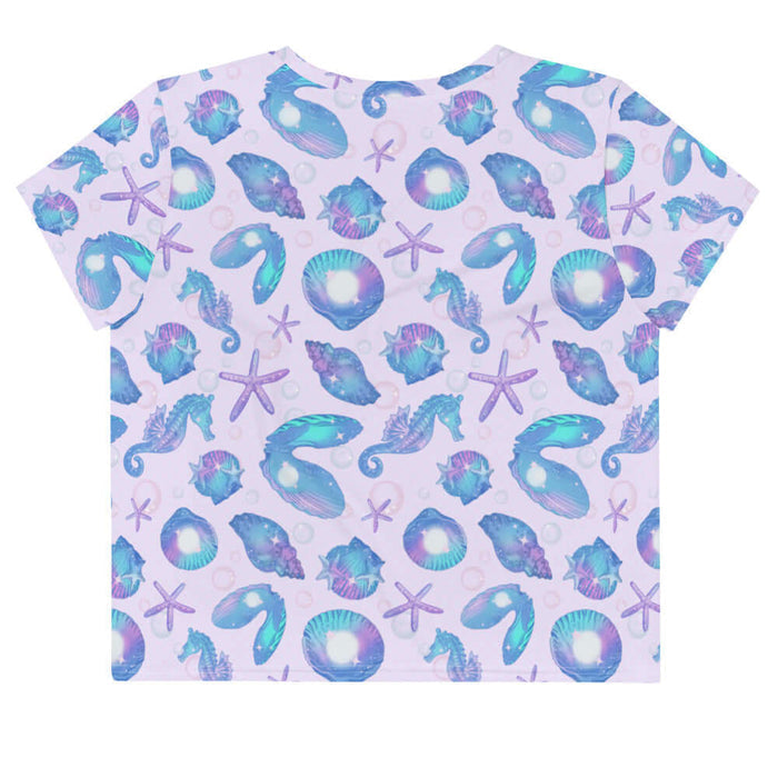 Sea Princess kawaii crop top with seahorses and starfish in pastel blue, pink and purple