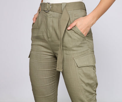 High Waist Linen Cargo Pants