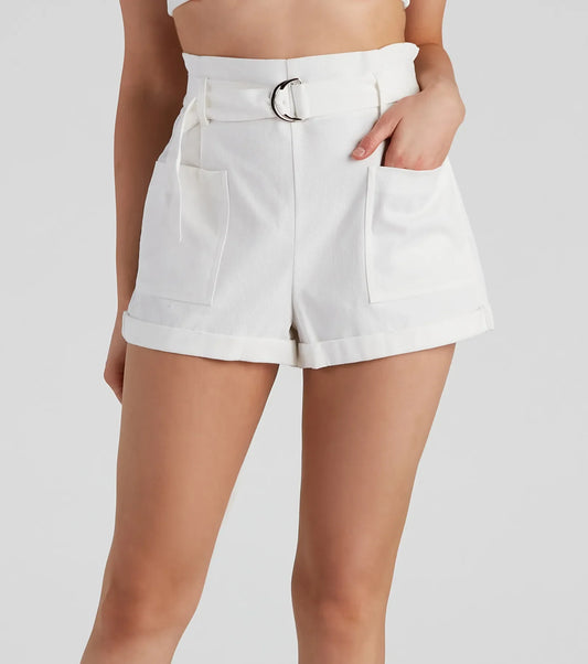 High-Rise Belted Twill Shorts