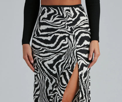 So Sleek Satin Zebra Midi Skirt