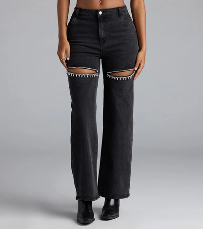 So Obsessed Rhinestone Cutout Straight Leg Denim Jeans