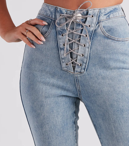 Glam Trendsetter Rhinestone Lace-up Skinny Jeans