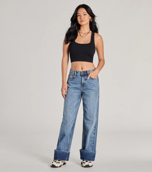 Cool Trend High-Rise Cuffed Wide-Leg Denim Jeans