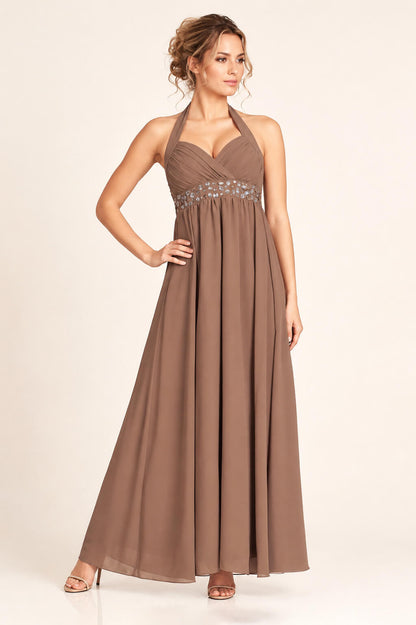 Coraline Brown Embellished Halterneck Evening Dress