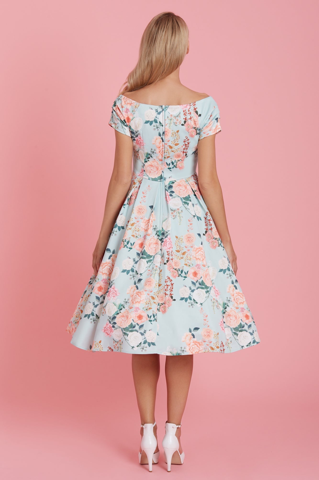 Lily 50s Style Floral Off Shoulder Dress In Mint