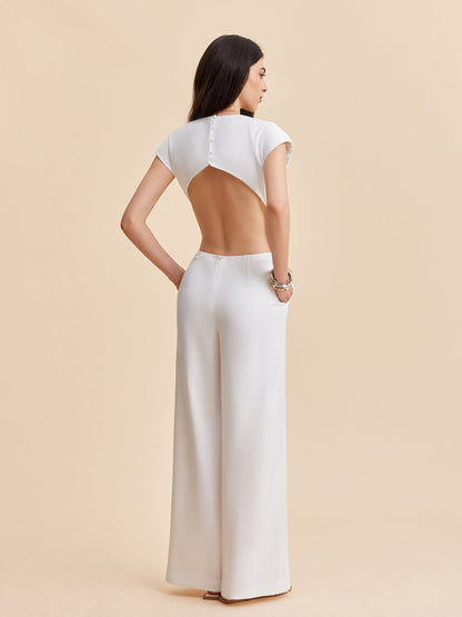 Cap Sleeve Buttoned Backless Jumpsuit