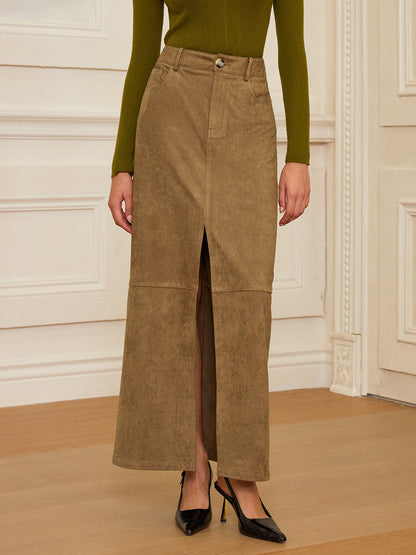 Suede Effect Slit-Front Maxi Skirt