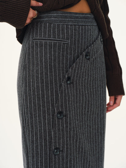 Asymmetric Button Striped Maxi Skirt