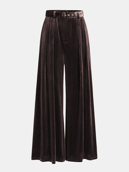 Belted Pleated Velvet Wide-Leg Pants
