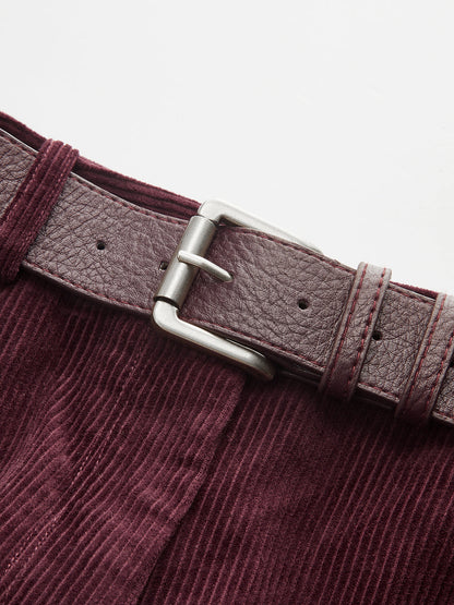 Belted Corduroy Straight-Leg Pants