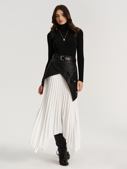 Belted Asymmetric Faux Leather Panel Pleated Maxi Skirt