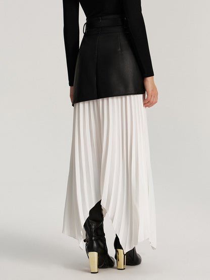 Belted Asymmetric Faux Leather Panel Pleated Maxi Skirt