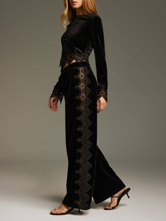 Side Lace Panel Velvet Straight-Leg Pants