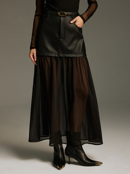 Belted Mesh Hem Faux Leather Maxi Skirt