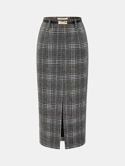 Belted Tweed Plaid Midi Skirt