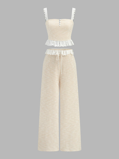 Lace Trim Textured Cami Top & Drawstring Pants Set