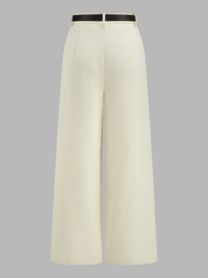 Belted Pleated Linen Blend Wide Leg Pants