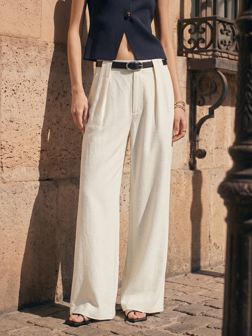 Belted Pleated Linen Blend Wide Leg Pants