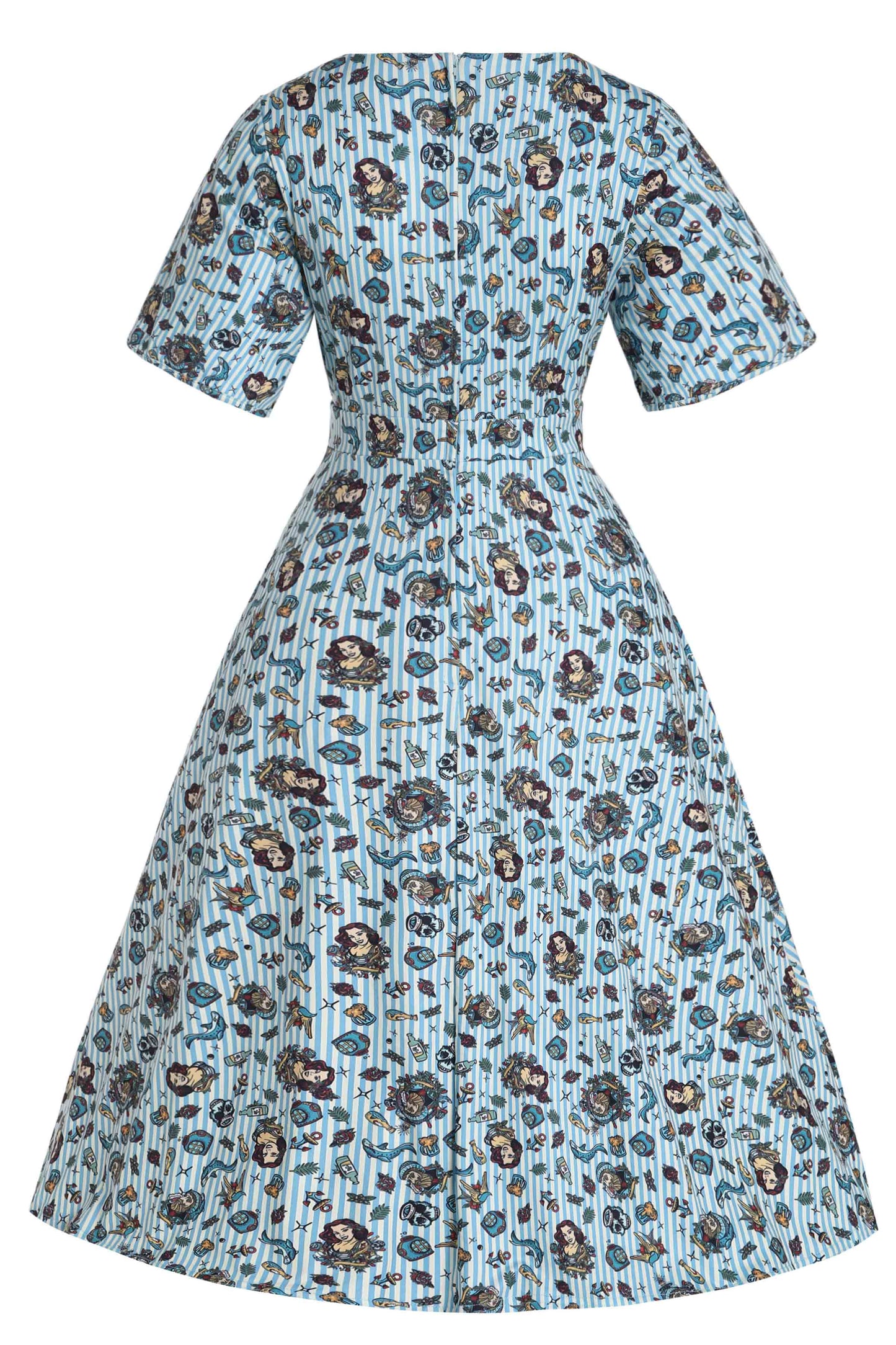 Janice Sleeved Tea Dress in Blue Striped Nautical Print