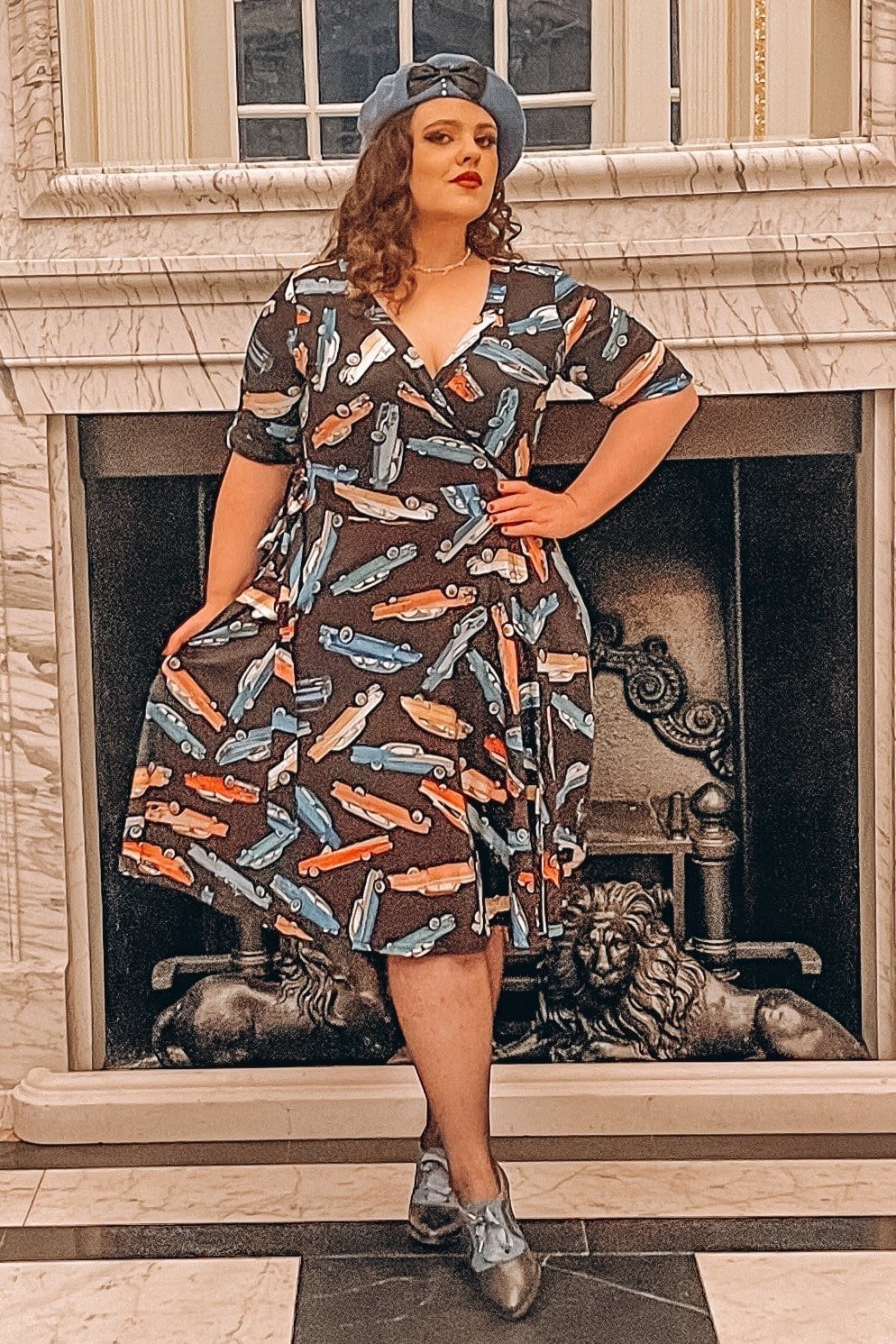 Matilda Classic Car Print Knit Wrap Dress in Black