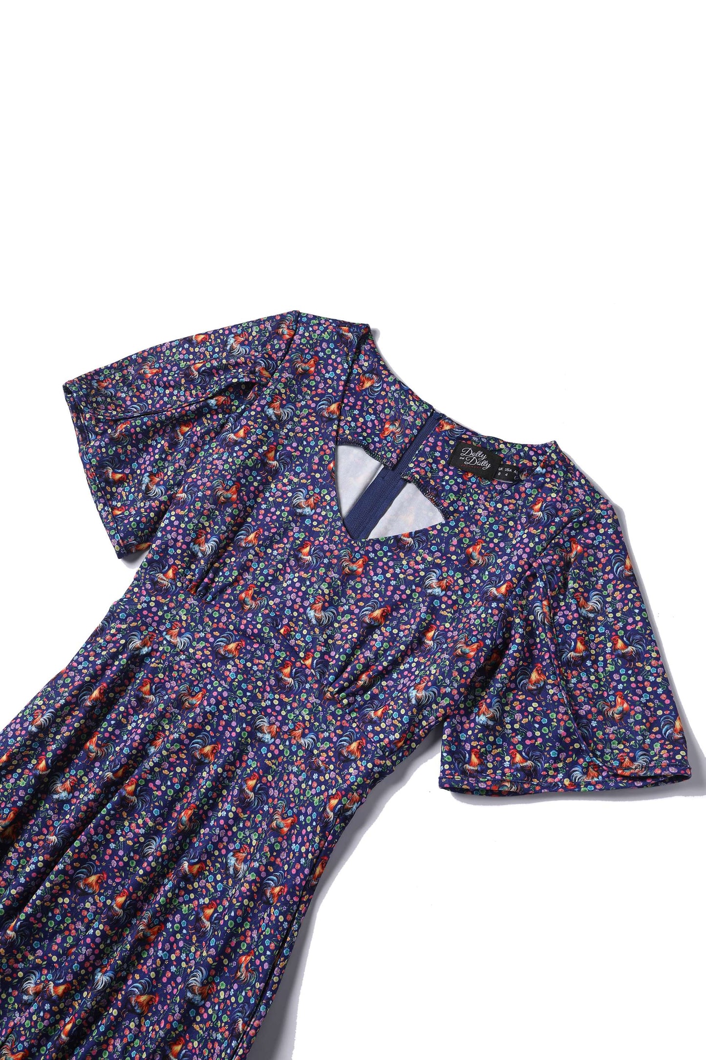 Janice Purple Sleeved Tea Dress in Rooster Floral Print