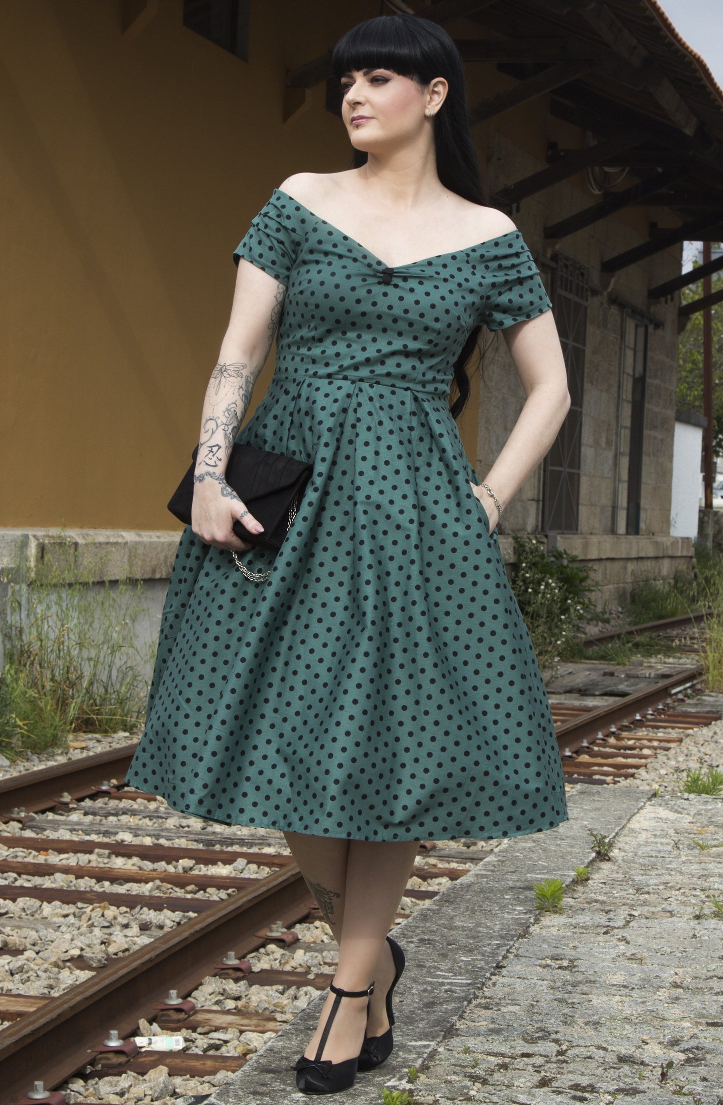 Lily Dark Green/Black Polka Dot Full Circle Dress