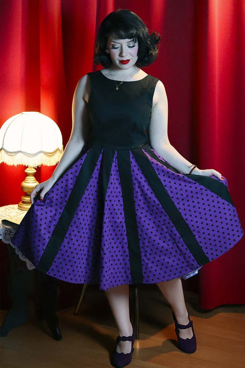 Judith Pleated Black/Purple Dress With Polka Dots