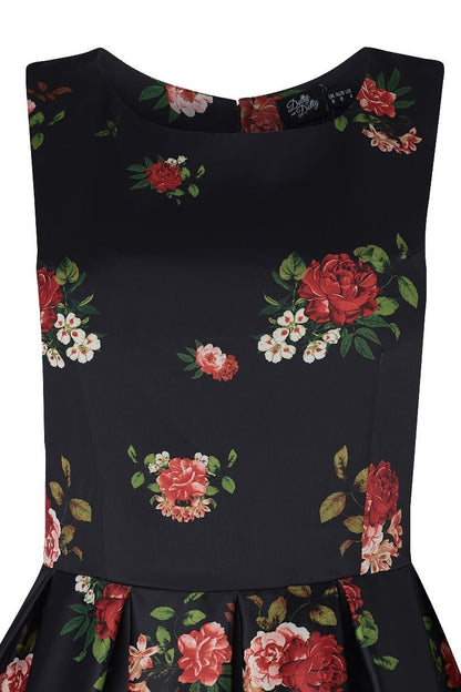 Annie Floral Roses Satin Flared Dress in Black-Pink