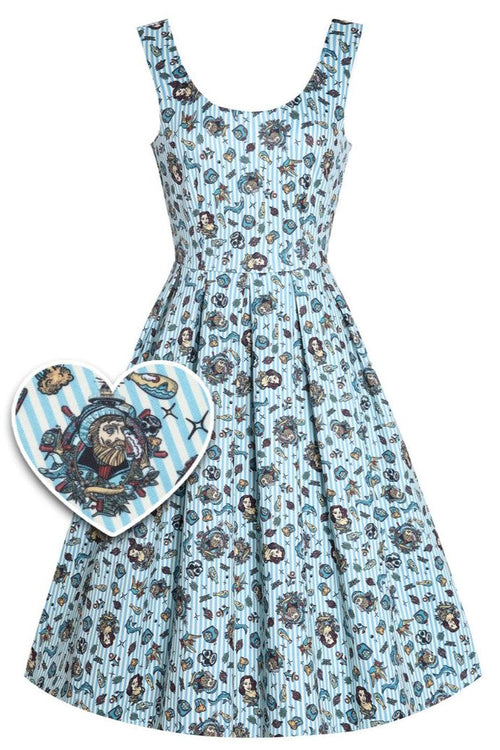 Amanda Blue Striped Flared Dress in Nautical Print