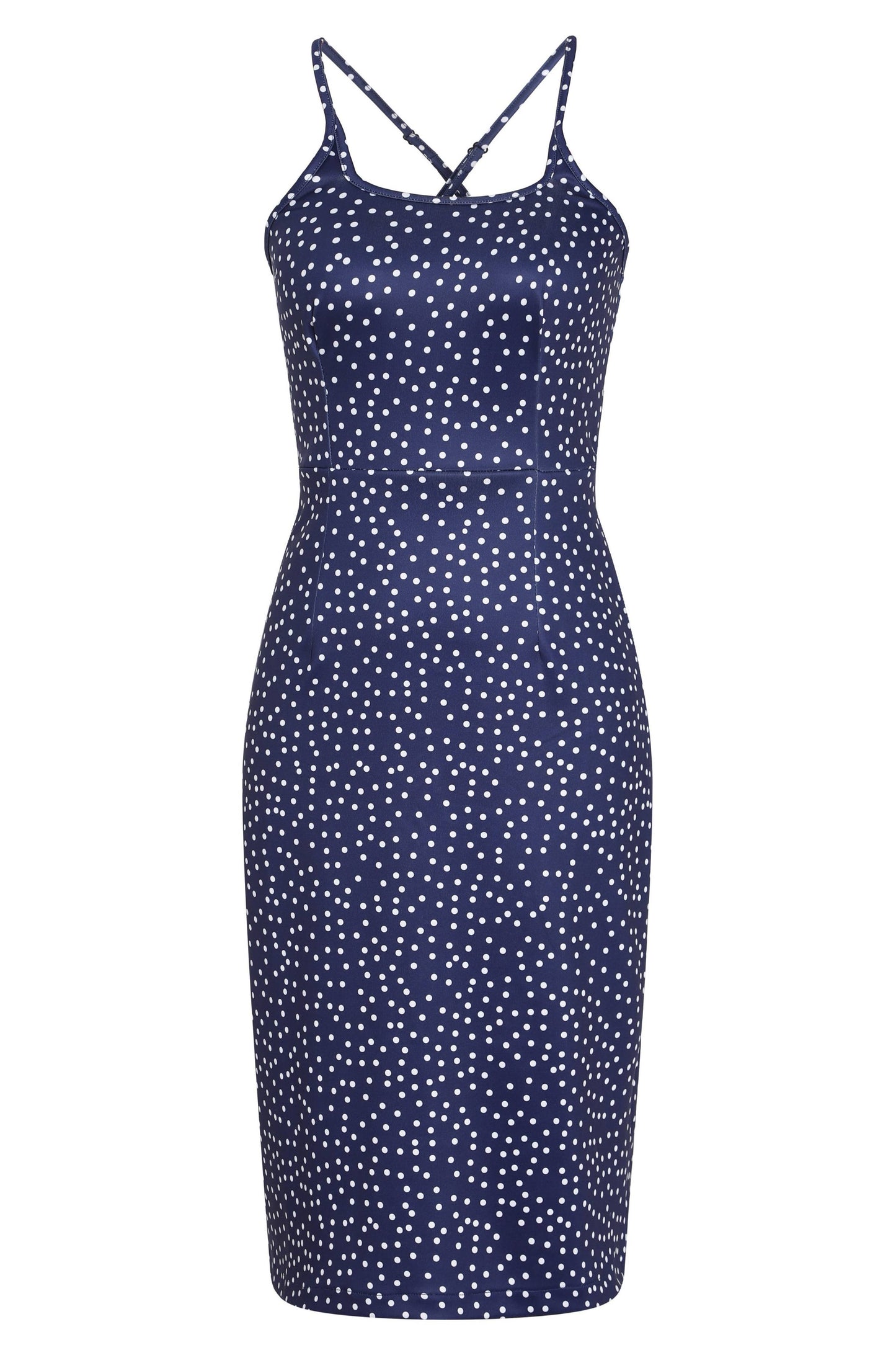 Norma Cross Strap Fitted Dress in Blue Polka Dots