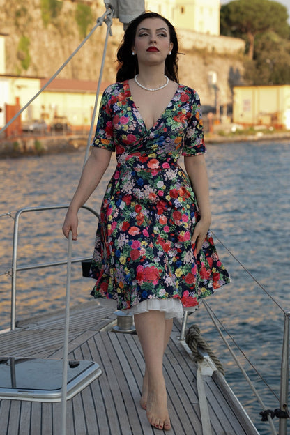 Matilda Navy Blue Midnight Garden Floral Wrap Dress