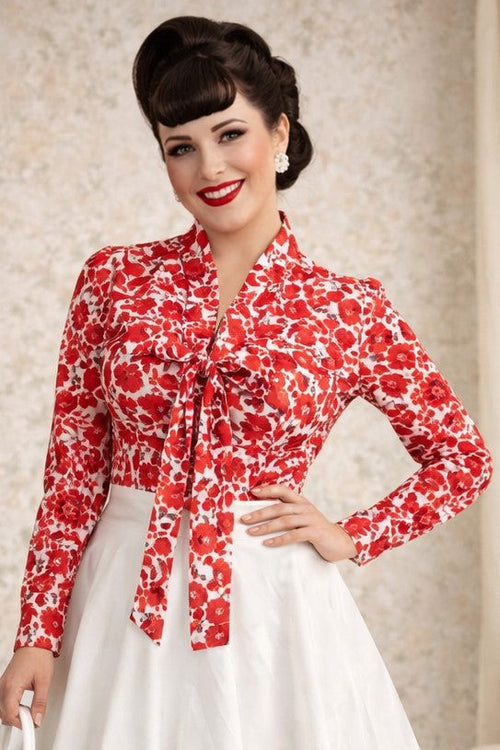 Margaret Red Rose Blouse In White