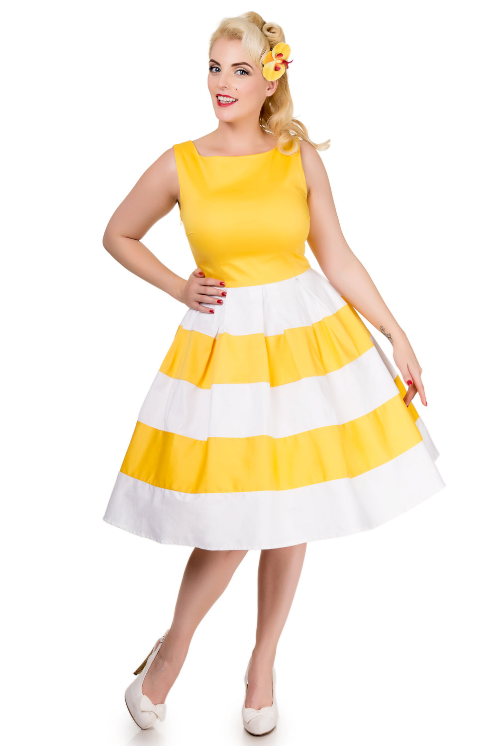 Anna White & Yellow Striped 50s Swing Dress