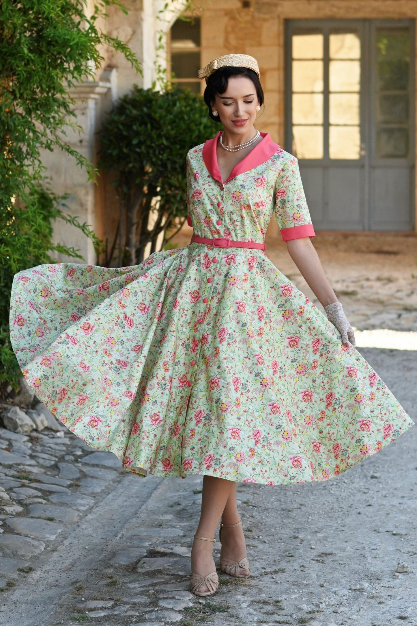Mollie Peony Full Circle Shirt Dress In Tea Green