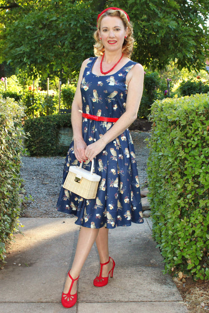 Amanda Owl & Letter Swing Dress in Dark Blue