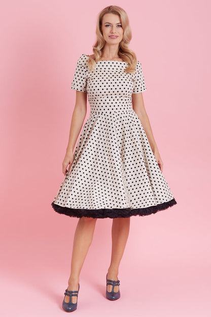 Darlene Retro Polka Dot Swing Dress in Beige