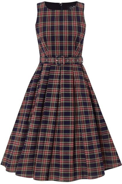 Annie Retro Check Swing Dress in Dark Blue & Red