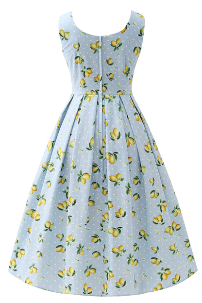 Ophelia Blue Midi Dress in Lemons and Spots