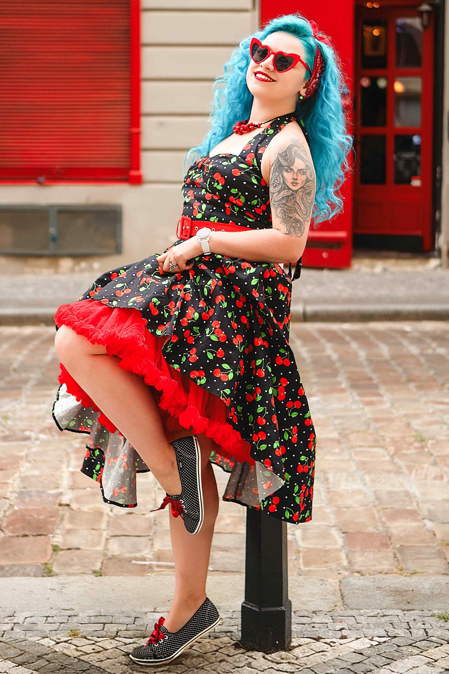 Daisy Red Cherry Halter Dress In Black
