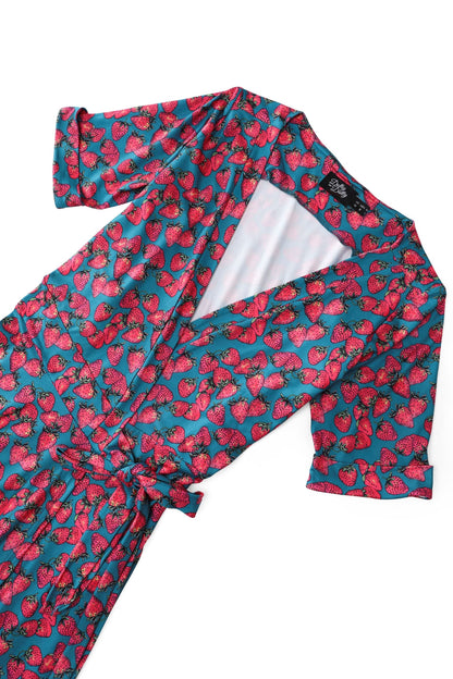 Matilda Strawberry Wrap Dress in Turquoise